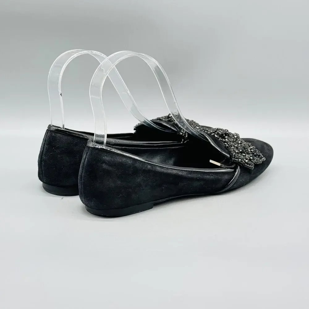 Tory Burch Shoes Womens 5.5 Black Suede Carissa Ballet Flats Beaded Bow Slip On
